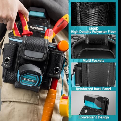 DuraTech Tool Pouch with Belt Clip, Electrician Tool Pouch with Tape Measure Holder & Hammer Loop, Quick Release Buckle, Expandable Support Frame, Ideal for Construction, Carpentry and Handyman Use - style: Small