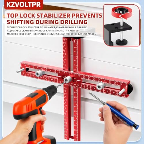Foldable 2-in-1 Cabinet Hardware Jig with Carpenter Pencil, Adjustable Drawer Pull & Door Hinge Installation Template, CNC Aluminum Drill Guide for Woodworking