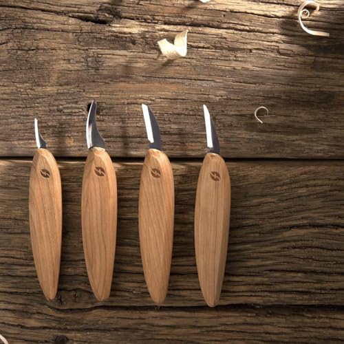 Flexcut Premium Series Wood Carving Tool Set, 4-Piece Kit with Cutting, Detail, Pelican, and Mini-Pelican Knives Plus Tool Roll, Ergonomic Cherry Wood Handles, USA Made