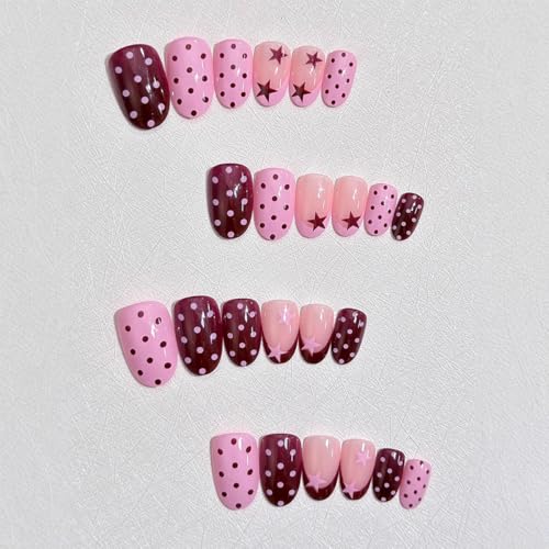 Short Almond Press On Nails Pink Brown with Y2K Star Polka Dot - color: Style13