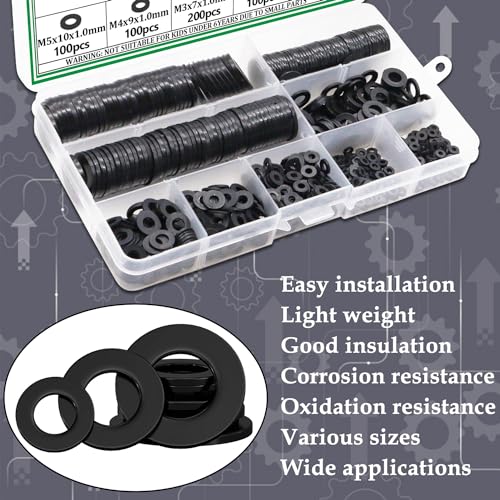 820PCS Black Nylon Washers Assortment Kit, Flat Washers for Bolts, 9 Metric Sizes Nylon Washers for Screws -M2, M2.5, M3, M4, M5, M6, M8, M10, M12 - size: BK M2-M12 (820PCS), style: Nylon Washer