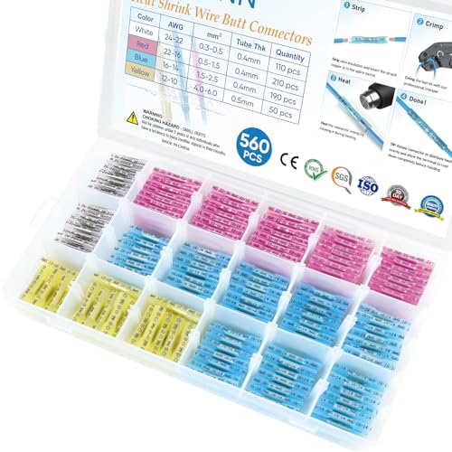 TICONN 560PCS Heat Shrink Butt Connectors, Crimp Wire Connectors Kit - size: 560 PCS-4Sizes