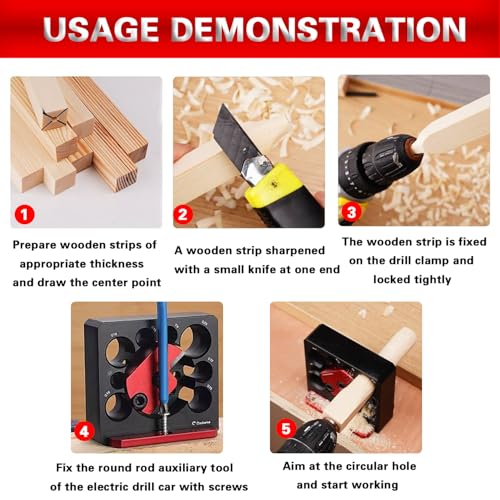Adjustable Dowel Maker Jig Kit, Imperial 5/16 to 3/4 Inch Aluminum Alloy Dowel Rod Making Jig with 8 Holes, Drill Milling Auxiliary Tool for Making Round Wood Dowel Sticks