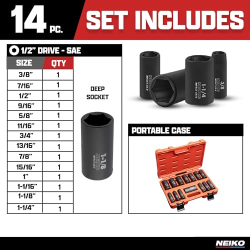 Neiko 02476A 1/2" Impact Socket Set, 14 Piece 6 Point Impact Set, Standard Impact Socket Set, SAE Sizes (3/8-Inch to 1-1/4") Cr-V Steel, Deep Socket Set 1/2 Drive,