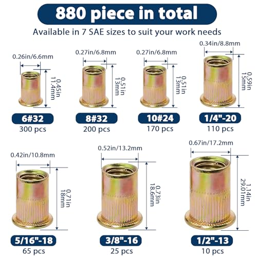 SAE Rivet Nut Assortment Kit, 880Pcs #6-1/2 Zinc Plated Rivnut Insert - color: Yellow, size: SAE Assortment - 880 Pcs