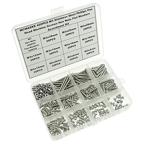 420PCS M3 Phillips Pan Head Machine Screws Nuts Flat Washers Kit,304 Stainless Steel,Screws Length:4mm to 30mm - size: M3