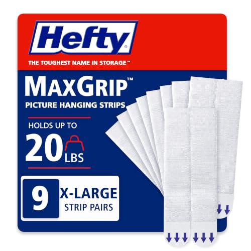Hefty Picture Hanging Kit - 9 XL Pairs, Holds Up to 20 Lbs | Picture Hangers & Kit for Home Decor - Picture Hanging Hardware for Superior Adhesion on Frames, No Nails - size: XL - 9 Pairs
