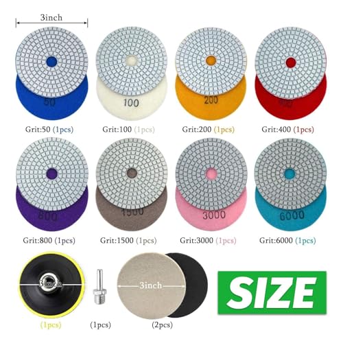 3 Inch Diamond Polishing Pads with M14 Backer Pad, 12PCS Wet/Dry Granite Stone Polish Pad Kit for Drill, Grinder, Polisher, 50-6000 Grit Diamond Sanding Pad for Concrete Marble Rock - size: 3 Inch 50-6000 Grit