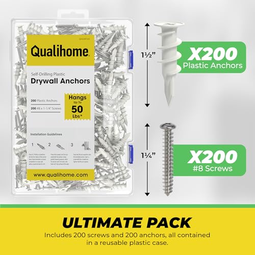 Qualihome Drywall Anchors with Screws – 400 Piece Set (200 Anchors + 200#8 x 1-1/4" Screws) | Self Drilling Drywall Anchors Heavy Duty | Wall Anchors for Drywall | Plastic Screw Anchor Kit - style: 200 Pack