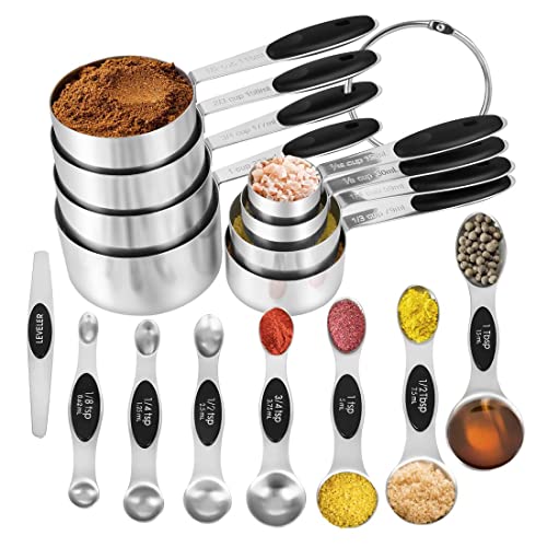 16 Pieces Measuring Cups and Magnetic Measuring Spoons Set Stainless Steel,8 Measure Cups with Silicone Handle and 7 Double Sided Magnetic Measure Spoons & 1 Leveler