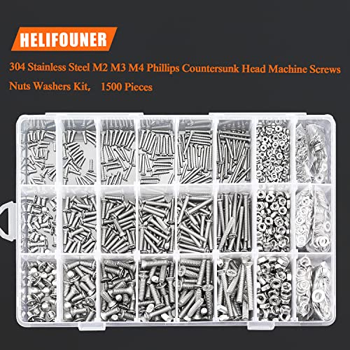 HELIFOUNER 1500 Pieces M2 M3 M4, 304 Stainless Steel Phillips Countersunk Head Machine Screws Bolts Washers Nuts Hardware Assortment Kit - style: Phillips Countersunk Head