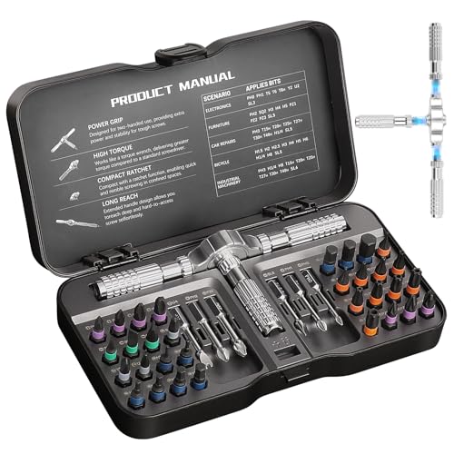 40 in 1 Magnetic Ratchet Screwdriver Set, 58-Tooth Ratcheting Screwdriver with Detachable Handle, Multi S2 Steel Bits, Repair Tool Kit for Computer Bicycle Furniture DIY – Compact Carry Case - size: 40 in 1