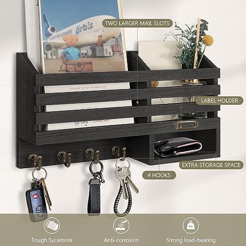FifthQuarter Mail Holder Wall Mount with 2 Mail Slot and 4 Sturdy Hooks - color: C-Black
