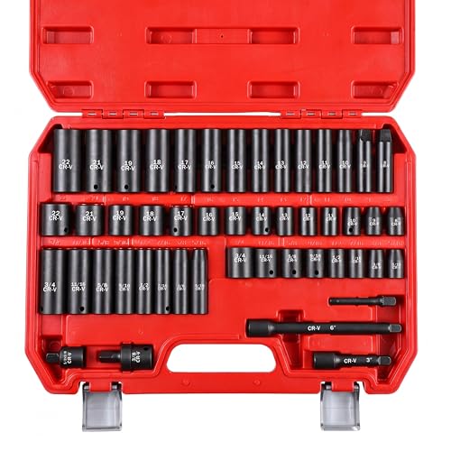 49PCS 3/8'' Drive Impact Socket Set, SAE 5/16”-3/4” & Metric 8-22mm, CR-V Steel Mechanics Tool Set with Universal Joint, Extension Bar, 1/2 to 3/8 Reducer, Hex Shank Socket Adapter, Ratchet Handle