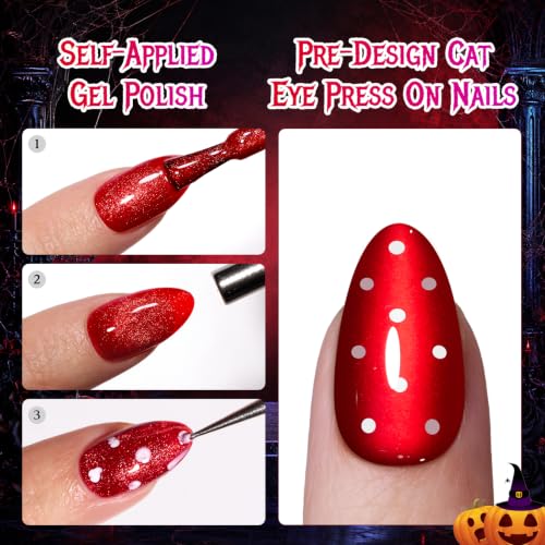 Beetles Red Press On Nails Short Almond, Halloween Cat Eye Polka Dot - color: 2C - Polka Ruby - S