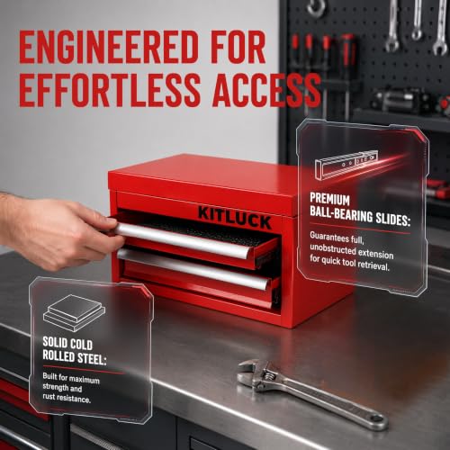 KITLUCK Mini Metal Tool Box, 2-Drawer Top Chest with Ball Bearing Slides, PVC Linerst, Durable Cold Rolled Steel Small Tool Organizer for DIY Home Office Multi-Purpose Storage,Red - color: RED