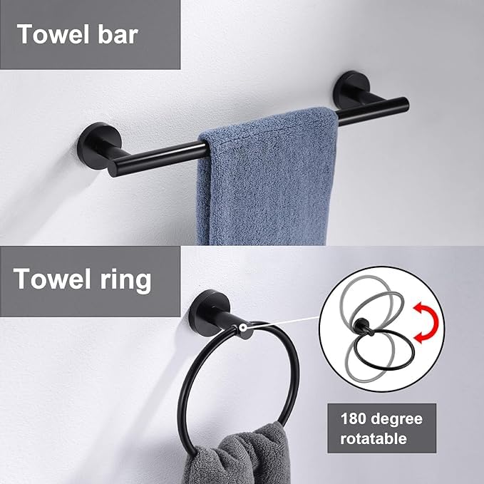 10Pieces Matte Black Bathroom Hardware Accessories Set Hand Towel Ring 16 inch Towel Bar Toilet Paper Holder Towel Hooks 4 Pieces Round SUS 304 Stainless Steel Heavy Duty Wall Mounted Bathroom Holder - color: Matte Black, size: 10 piece 16"