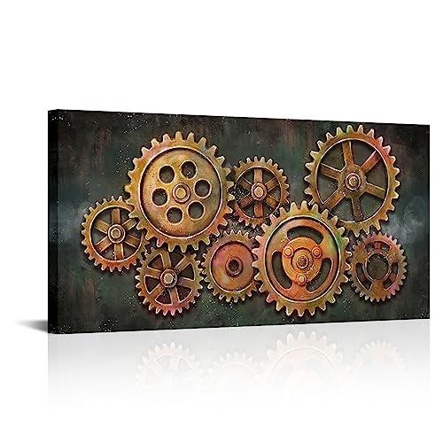 iHAPPYWALL Large Abstract Gear Wheel Canvas Wall Art Industrial Steampunk Mechanical Teamwork Gift for Bedroom Home Office Cafe Bar Decor Ready to Hang 24x48inch