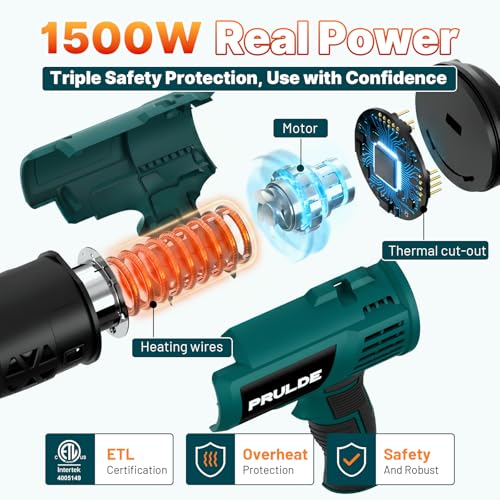 Heat Gun - PRULDE Dual Protection Fuses 1500W Heavy Duty Fast Heat Hot Air Gun with 122℉ to 1202℉ Dual-Temperature Settings and 4 Nozzles with Overheat Protection for Crafts, Vinyl Wrap, Shrink Tubing
