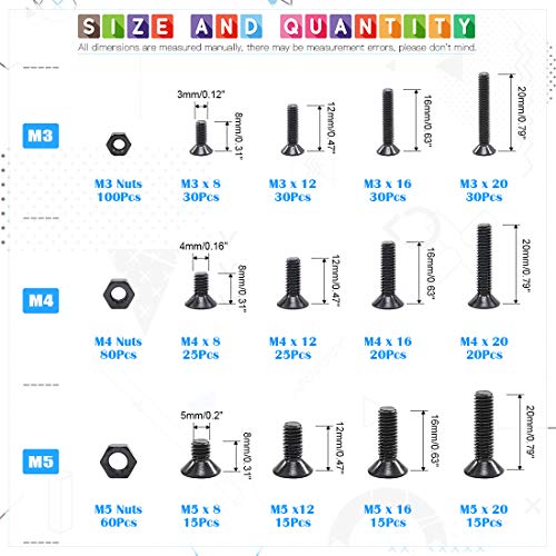 Glarks 510Pcs Metric M3 M4 M5 Alloy Steel Socket Cap Screws Hex Head Bolt Nuts Assortment Kit - Black Oxide Finish - size: Flat Head Socket Cap Screws Set