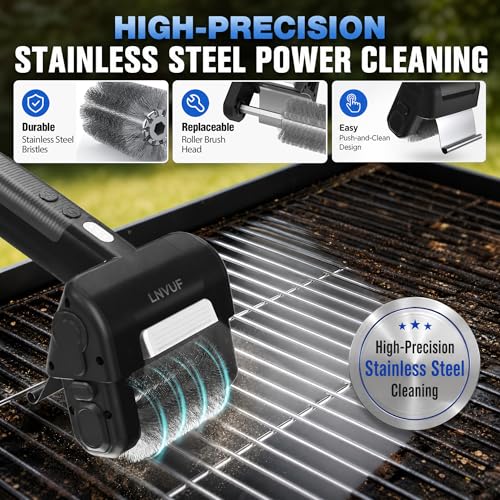 Electric Grill Brush, Grill Cleaner with LED Light, with 800 RPM Motor, Heavy Duty Grill Cleaning Tool, Personalized Grill Gift s for Dad - color: Gray Black