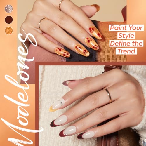 modelones Fall Gel Nail Polish Set, Amber French Tip Leopard-Print Theme - color: A A A1c Leopard-Print & Amber