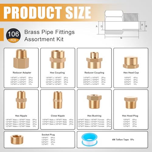 106PCS Brass Pipe Fittings Assortment Kit,1/8" 1/4" 3/8" 1/2" NPT