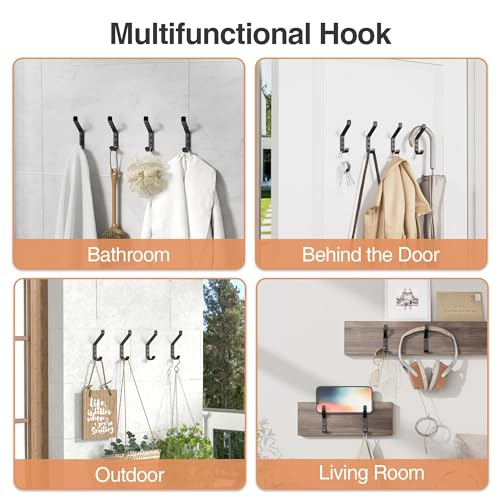 susswiff 10-Pack Coat Hook for Hanging, 20LB (Max), Stainless Wall Hooks for Towel, Hat, Backpack, Key, Clothes, Wall Mounted Coat Hanger for Closet, Metal, Black, 3.75"