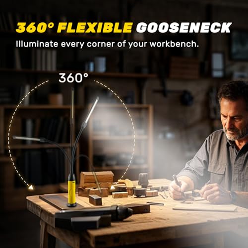 Rechargeable LED Work Light with Flexible Gooseneck, Up to 1000 Lumens 3 Modes Magnetic Work Light, Mechanic Light with Magnetic Base for Work Bench, Lathe, Car Repair, Grill Light, Emergency