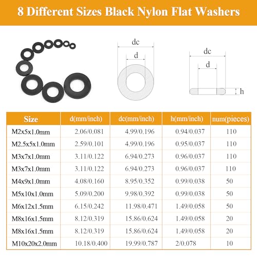 640 Pieces Black Nylon Flat Washers Assortment Kit, M2-M10, Nylon Metric & Flat Washers - color: Black Nylon