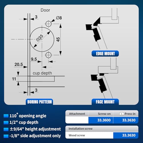 8 PCS Replacement for 30.310-11.02 Blum Cabinet Hinges, Self Quick Closing 110 & 120 Degree Screw On, 33.3600 Compact 31 & 33 Hinge (Mounting Plate Not Included) Include Wood Screws