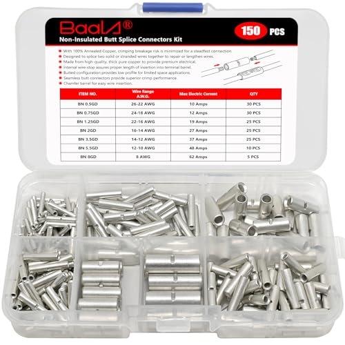 BAALA 150 PCS Non Insulated Butt Connectors Kit,26-8 Gauge Butt Splice Connector Crimp Barrel Splice Connectors, Tinned Copper Marine Grade Seamless Uninsulated Butt Terminals - color: Tinned Copper