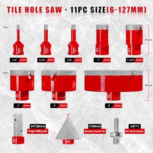 Diamond Hole Saw Kit, Tile Hole Saw Kit Vacuum Brazed 11Pcs (1/4"-5") - size: 6/8/10/25/35/50/75/127MM/2"/20MM