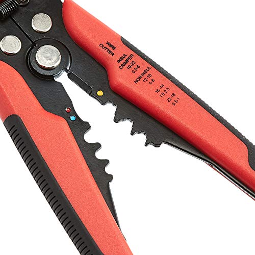 Amazon Basics Self-Adjusting Wire Stripper and Crimping Tool, Strips 10-24 AWG, Black/Red
