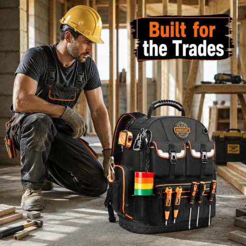 LOKASS Tool Backpack Heavy Duty, 18.5 in, 56 Pockets, Molded Bottom, Black - color: Black