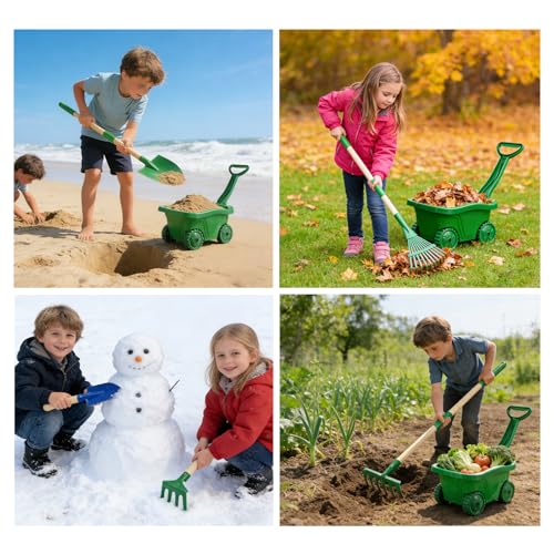 VICHTOP 10Pcs Kids Gardening Tools Set - Wheelbarrow Toys with Shovel, Rake, Hoe and Leaf Rake for Outdoor Backyard Play, STEM Educational Toys, for Toddler Boys & Girls Ages 3 4 5