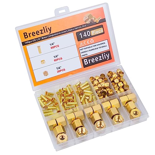 140PCS 1/4 Inch Compression Fittings Assortment kit- 60 Brass Compression Sleeve Ferrule, 60 Brass Insert & 20 Nuts - Used to Connect Lines for air,Water,Fuel,Oil and inert Gases - size: 140 pcs, 1/4"