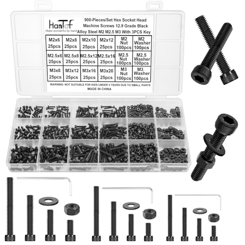 900 Pcs Hex Socket Head Cap Screws Assortment Kit, Small M2 M2.5 M3 Bolts and Nuts Washers Set, Internal Hex Drive Allen Head Machine Screws, Grade 12.9 Alloy Steel Black, Come with Hex Wrench