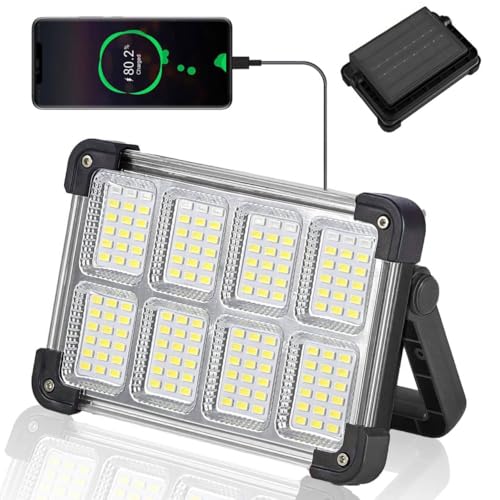 120W Solar Rechargeable Work Light, 144 LED Portable Flood Light with Stand, IP66 Waterproof 4 Modes LED Job Site Lighting Flashlights for Mechanic Camping Fishing Car Repair - color: Black