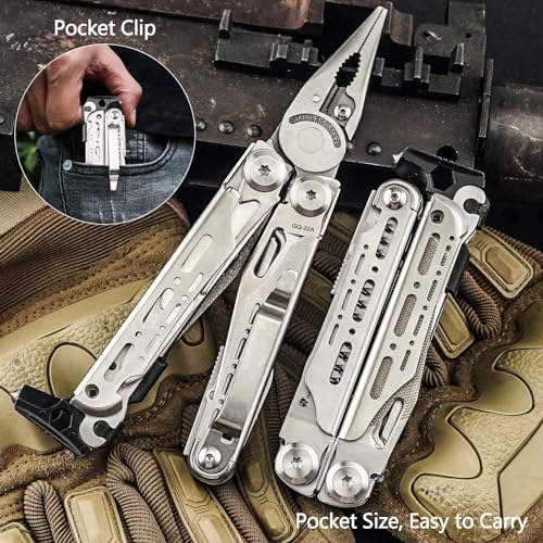 HX OUTDOORS 19 In 1 Multi Tool Pocket Knife Set, Stainless Steel Multitool Pliers with Fire Starter and Glass Breaker, Folding EDC Camping Survival Tools for Men (Silver) - color: Silver