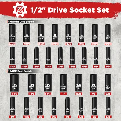 1/2” Drive Impact Deep Socket Set, 39 Pieces Metric(8-24mm)/SAE(5/16 to 1-1/4), CR-V Steel Tool Set with 3”, 5”, 10” Extension Bar, Adapters - color: 1/2-39pcs