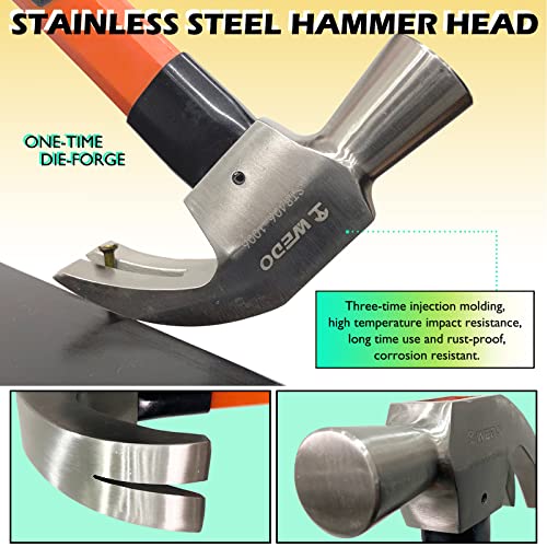 WEDO Claw Hammer with Fiberglass Handle,24oz Stainless Steel Framing Hammer,Length 330mm(13"),Shock Resistant,Corrosion Resistant,Rust Proof, Die-forged - size: 24oz