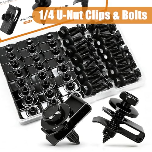 mankk 50PCS 1/4 U-Nut Clips and Fender Bolts Kit Automotive Body Fasteners - color: Black-1/4 Kit