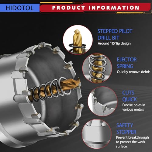 HIDOTOL 20PC TCT Carbide Hole Saw Kit 1/2" - 2-1/8" Tungsten Carbide Drill Bits Set with Titanium Pilot & L-Wrench, for Hard Metal Stainless Steel, Iron, Aluminum with Aluminium Case. - size: LZ-HOLE SAWS-20