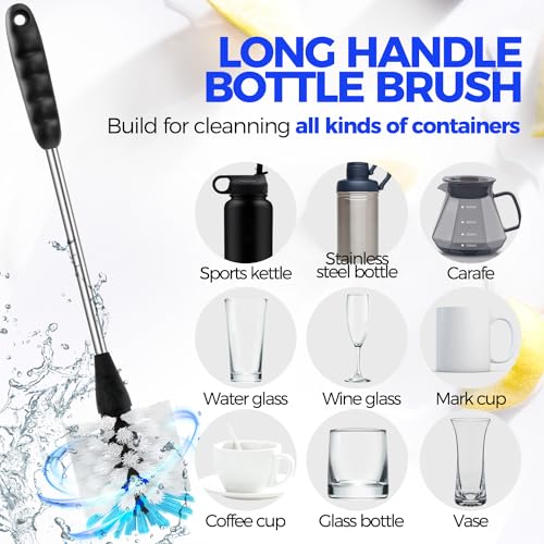Holikme 6 Pack Bottle Brush Set, 14" Long Handle Stainless Steel Bottle Cleaner Brush, 3 Straw Brushes, 4-in-1 Bottle Cleaning Brush for Water Bottle, Baby Bottle, Blue&White - color: Blue&white, size: 6Pack