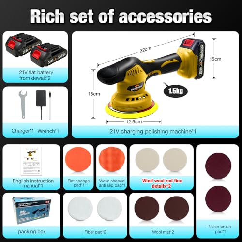 Cordless Buffer Polisher 6 inch with 2Pcs 2.0Ah Rechargeable Batteries Compatible with Makita,and 1 Adapter Charger, 6 variable speed 5500RPM cordless sander, for Car Detailing/Polishing