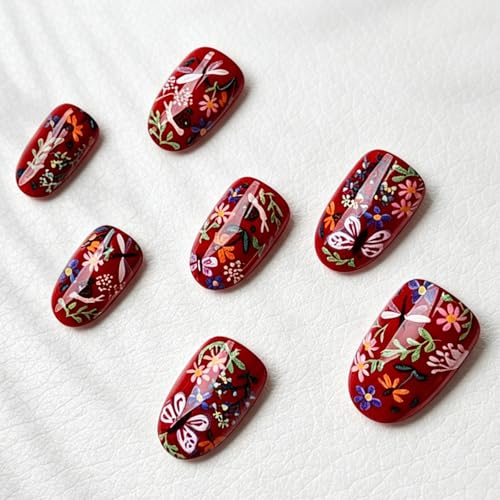 Red Short Press on Nails Flower Butterfly Fake Nails Glossy Finish Reusable False Nails for Women Manicure(design 29） - color: 3D Embossed design 29
