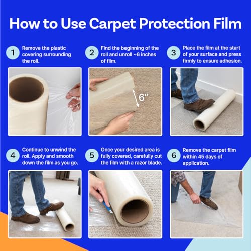 TapeManBlue Carpet Protection Film 36" x 200' roll, Self Adhesive Plastic Carpet Protector Film with Clean Removal & Easy Unwind, Durable Protection Tape to Shield Your Surface from Dirt and Spills - size: 36" x 200' (1 roll)