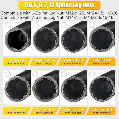 Topec 8Pcs Spline Lug Nut Socket Set | 5, 6, 7, 12 Spline Locking Lug Nut Key, Universal Wheel Lock Removal Kit, Wheel Lock key Set for Car, CR-MO Steel (Not for Hex, Deep, Large-Size, and 10-Spline) - size: 8 piece