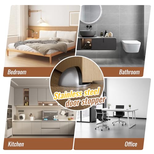 Stainless Steel Half Dome Floor Door Stop Self-Adhesive with Rubber Free Punching—Ground Door Stops for Bedroom Living Bath Shower Room Office Silver—Stainless Steel Floor Door Stopper（4PCS）